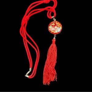 Vintage 90s Red Cloisonné Tassel Necklace - butterfly 21”